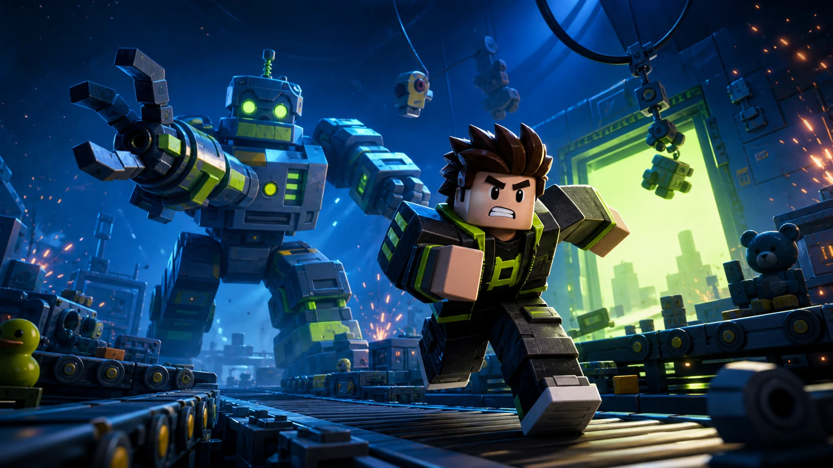 Roblox factory escape thumbnail with cinematic lighting