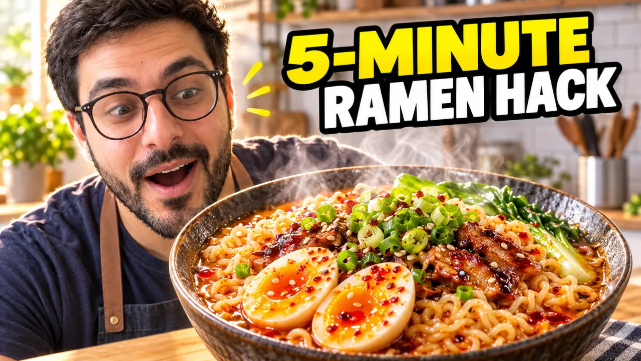 AI YouTube thumbnail example: 5-MINUTE RAMEN HACK — Me looking amazed at a giant steaming bowl of upgraded instant ramen with a soft egg, scallions and chili oil; the bowl is the hero.