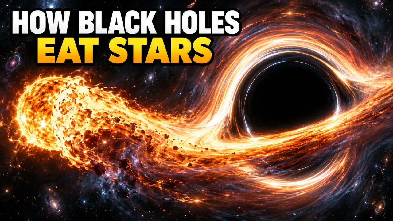 AI YouTube thumbnail example: HOW BLACK HOLES EAT STARS — A glowing star stretched into a spiral of fire around a black hole, deep space, dramatic contrast, no people.