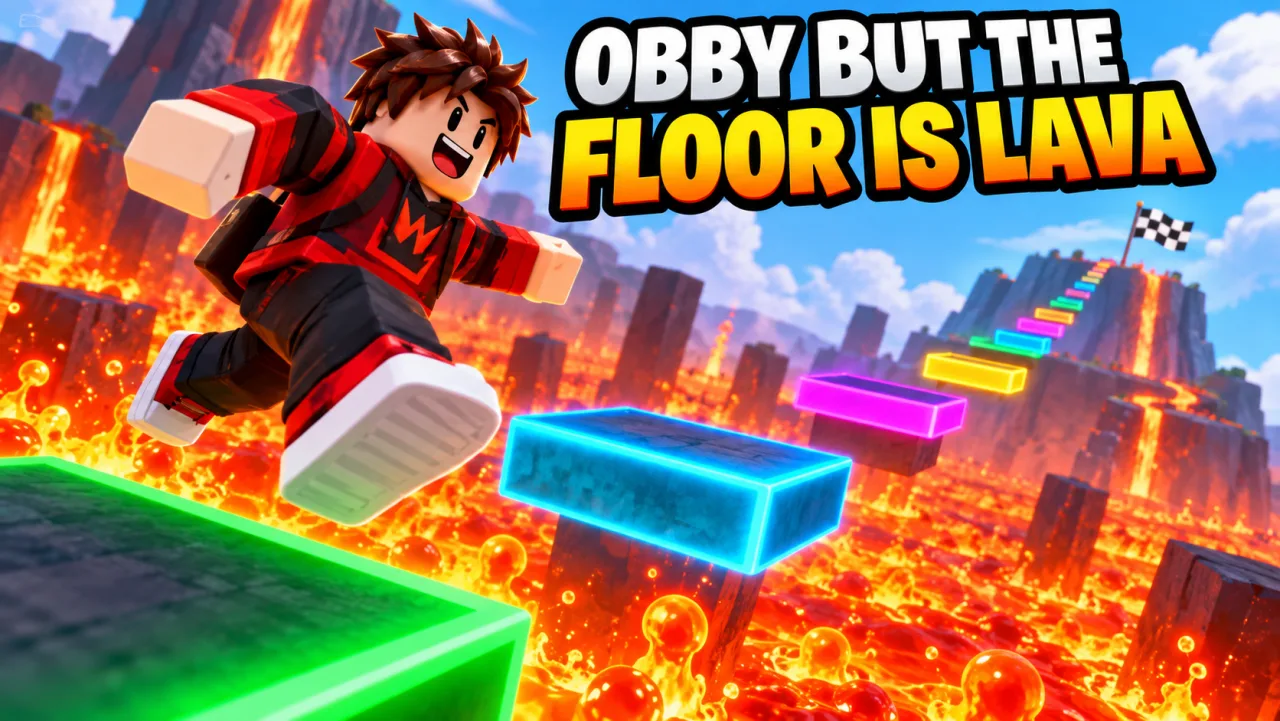 AI YouTube thumbnail example: OBBY BUT THE FLOOR IS LAVA — An original blocky avatar mid-jump between floating neon platforms above bubbling lava, bright cartoony colors, a finish flag far away.