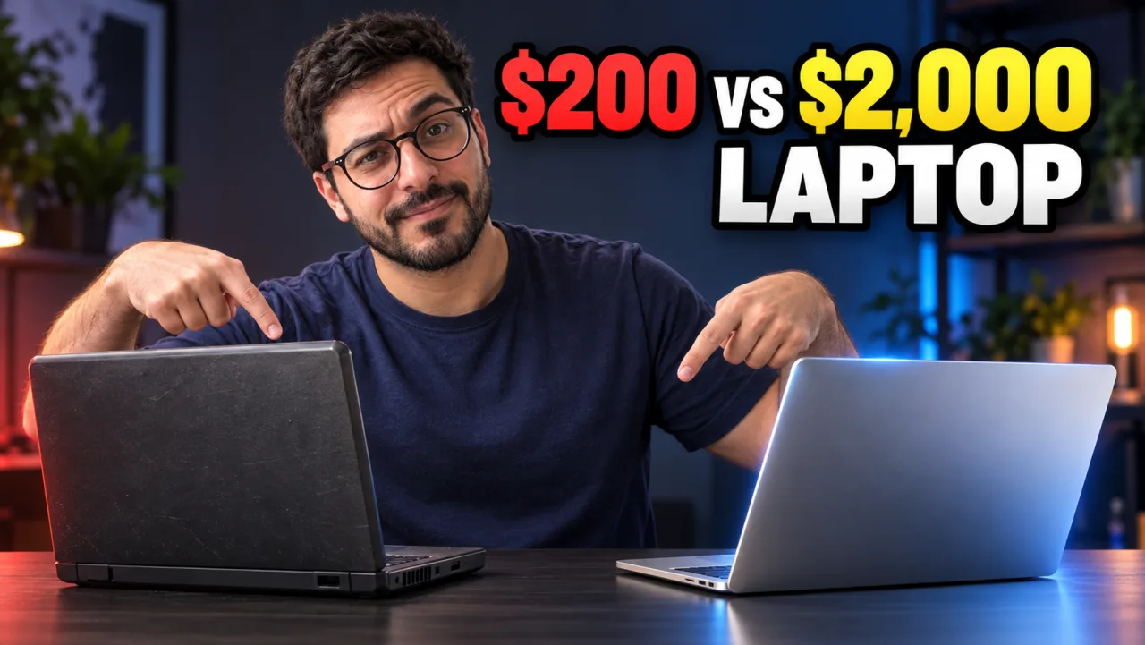 AI YouTube thumbnail example: $200 vs $2,000 LAPTOP — Me pointing at two open laptops on a dark studio desk, a cheap plastic one on the left and a sleek glowing one on the right, skeptical eyebrow.