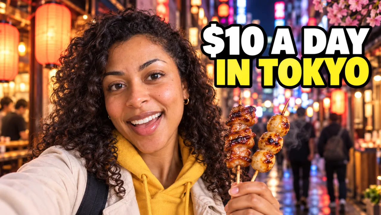 AI YouTube thumbnail example: $10 A DAY IN TOKYO — Me grinning and holding up street-food skewers on a busy neon-lit side street at night, paper lanterns, shallow depth of field.
